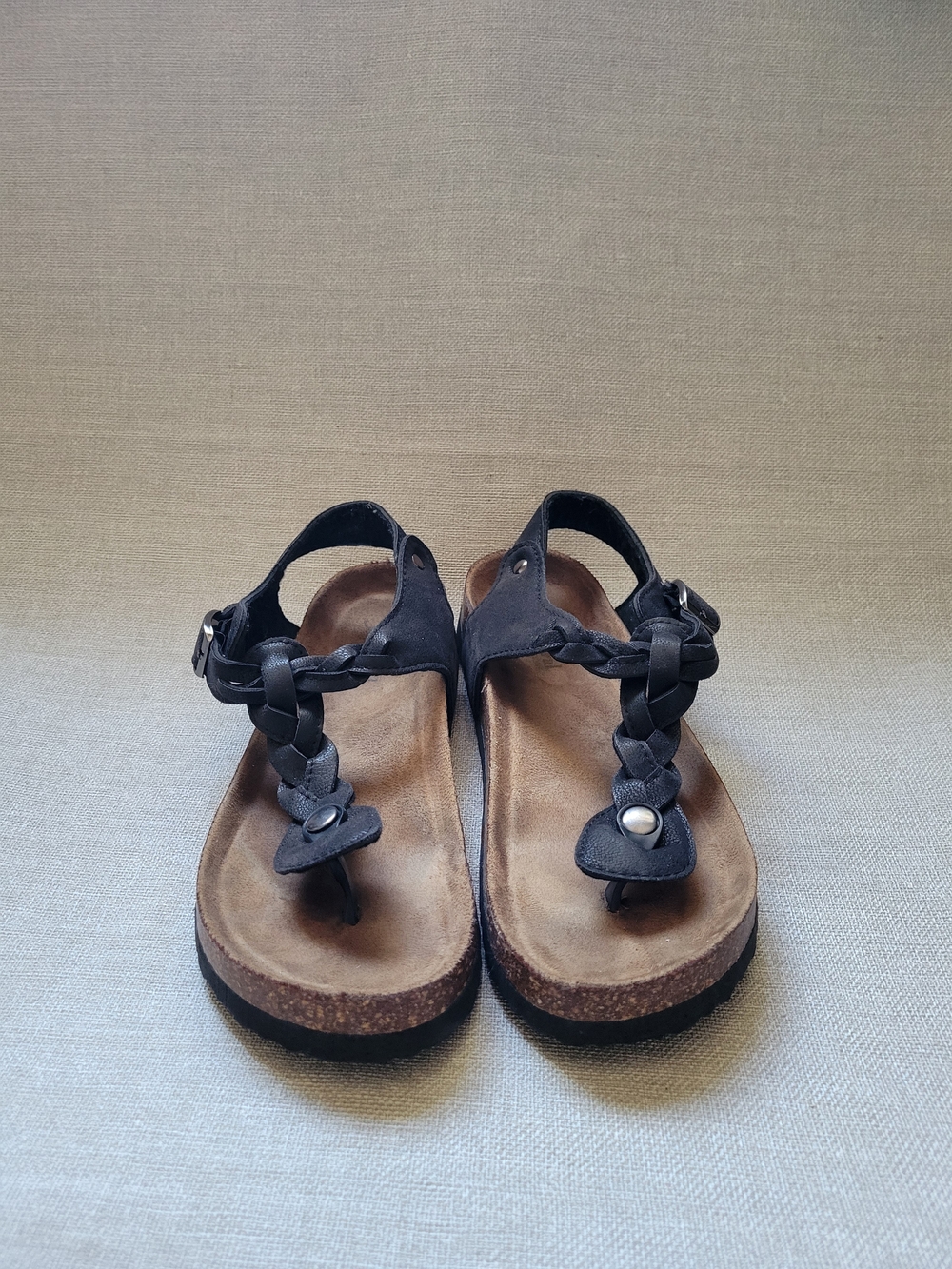 Natural Reflections Black Braided Toe-Post Sandals Sz 8 Faux Leather